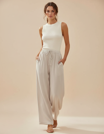 Pantalon Parachute Blanc Crème Lin Large Décontracté Femme - Beige