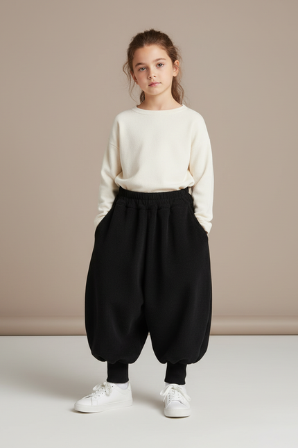 Pantalon Parachute Noir Ample Côtelé Enfant Hiver - Cordé