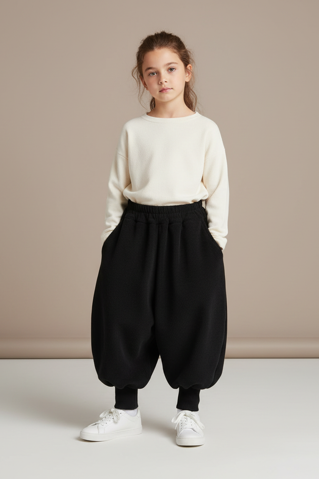 Pantalon Parachute Noir Ample Côtelé Enfant Hiver - Cordé