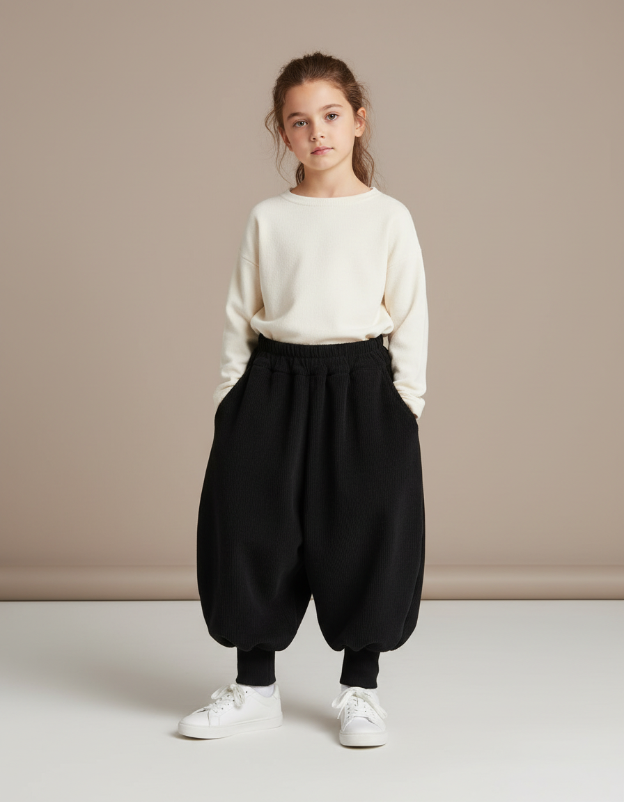 Pantalon Parachute Noir Ample Côtelé Enfant Hiver - Cordé