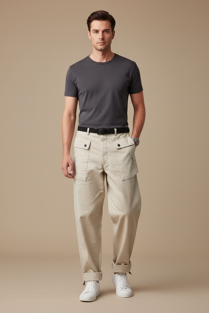 Pantalon Parachute Beige Ample Coton Cargo Homme