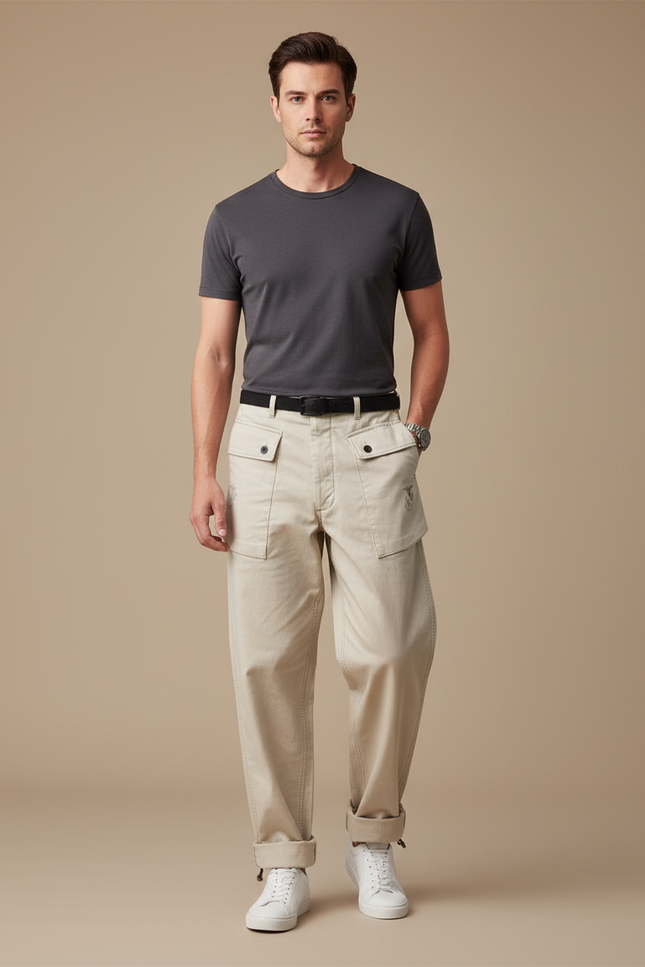 Pantalon Parachute Beige Ample Coton Cargo Homme