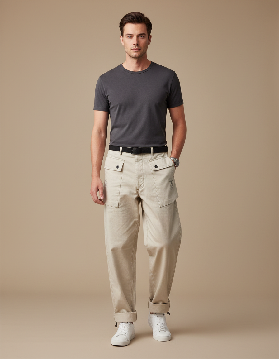Pantalon Parachute Beige Ample Coton Cargo Homme