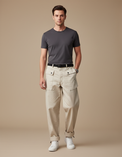 Pantalon Parachute Beige Ample Coton Cargo Homme
