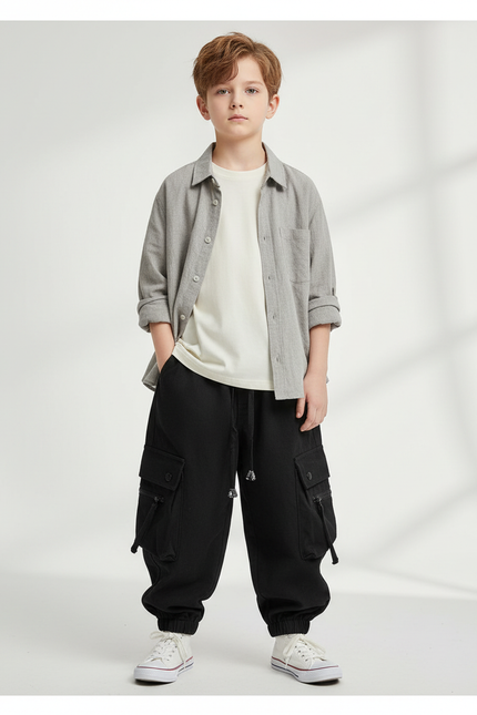 Pantalon Parachute Noir Ample Cargo Enfant Streetwear - Toile
