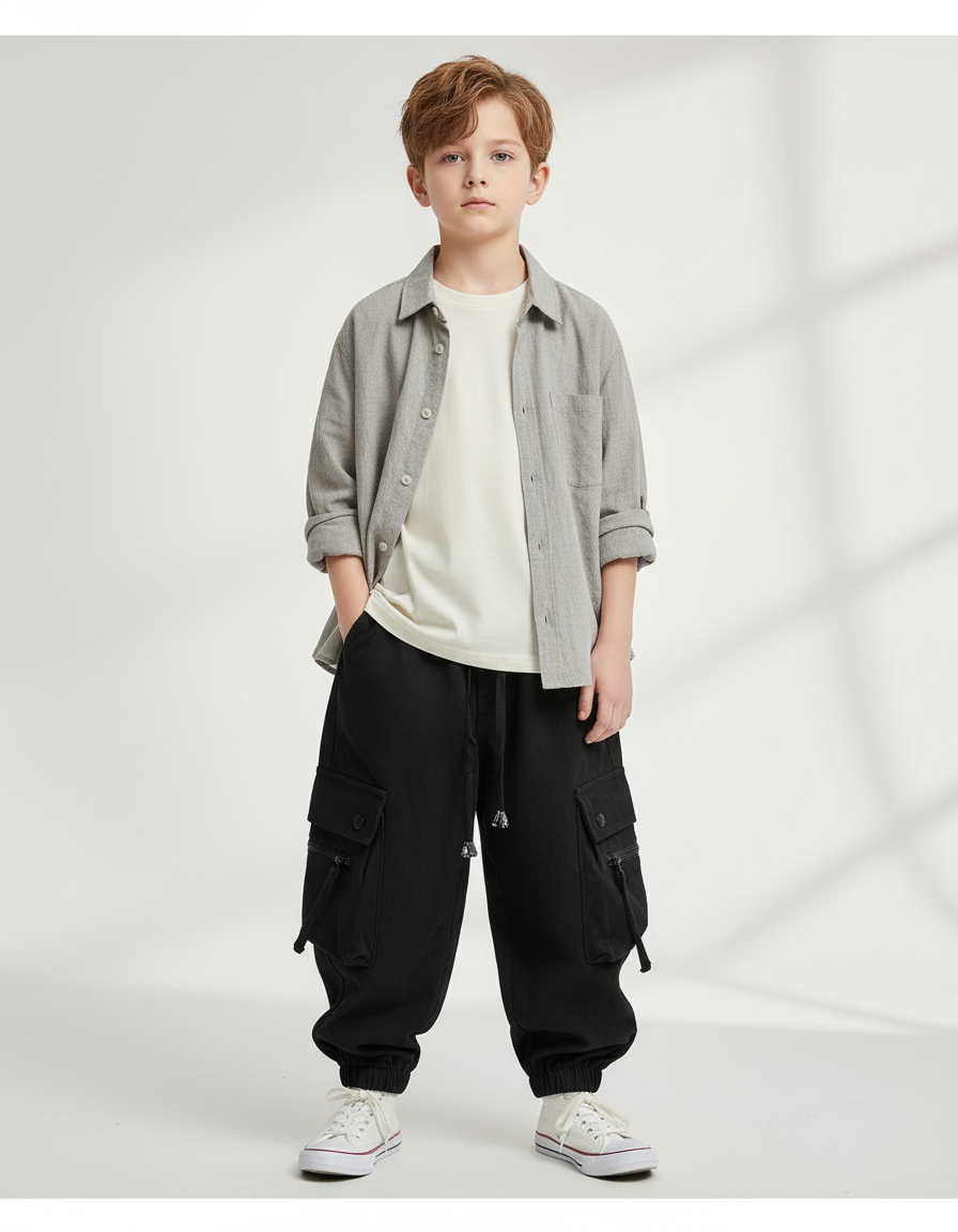 Pantalon Parachute Noir Ample Cargo Enfant Streetwear - Toile