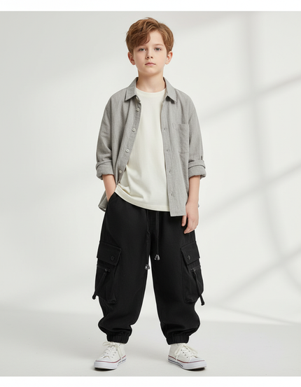 Pantalon Parachute Noir Ample Cargo Enfant Streetwear - Toile