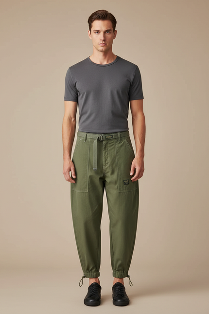 Pantalon Parachute Kaki Ample Coton Ceinture Homme