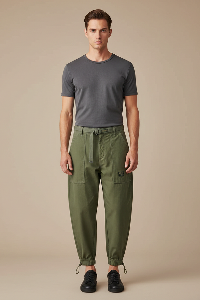 Pantalon Parachute Kaki Ample Coton Ceinture Homme