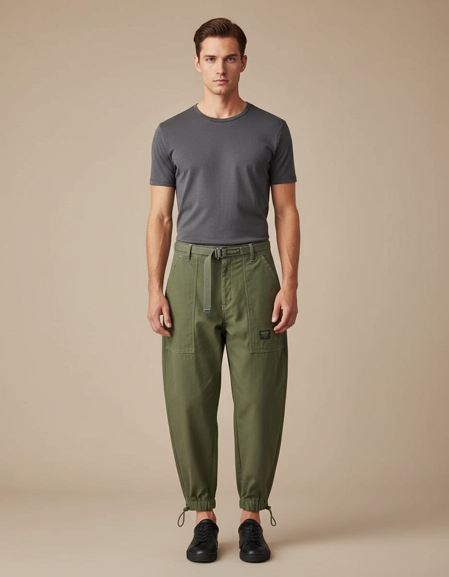 Pantalon Parachute Kaki Ample Coton Ceinture Homme