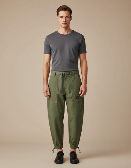 Pantalon Parachute Kaki Ample Coton Ceinture Homme