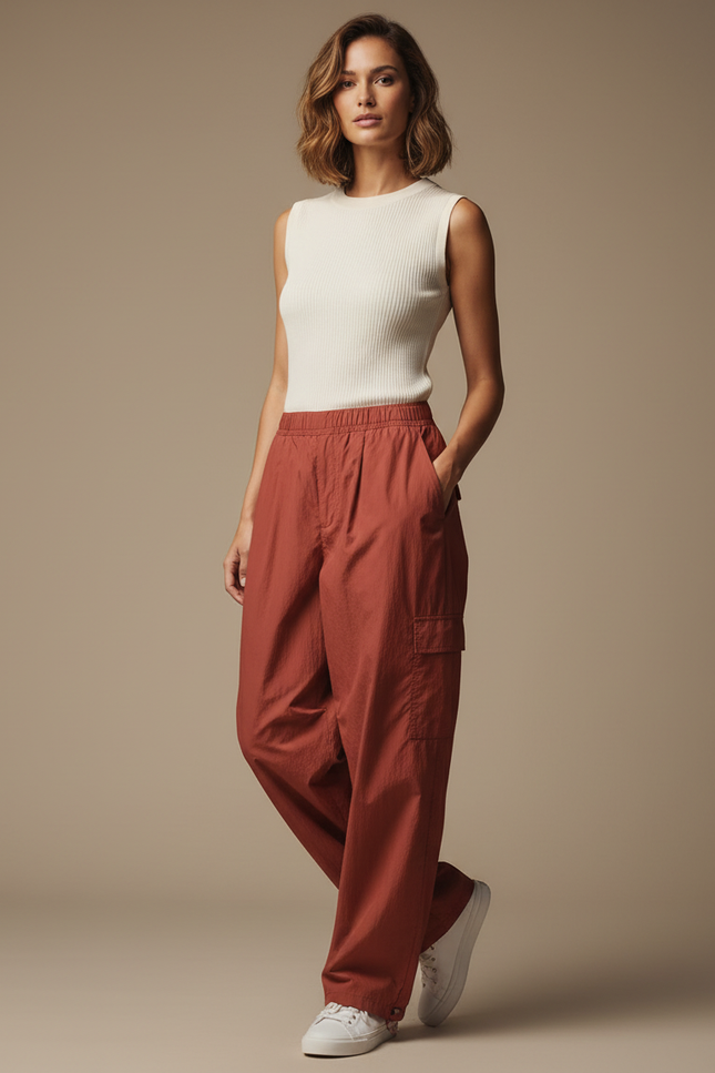 Pantalon Parachute Cargo Ample Fluide Marron Femme - Polyester