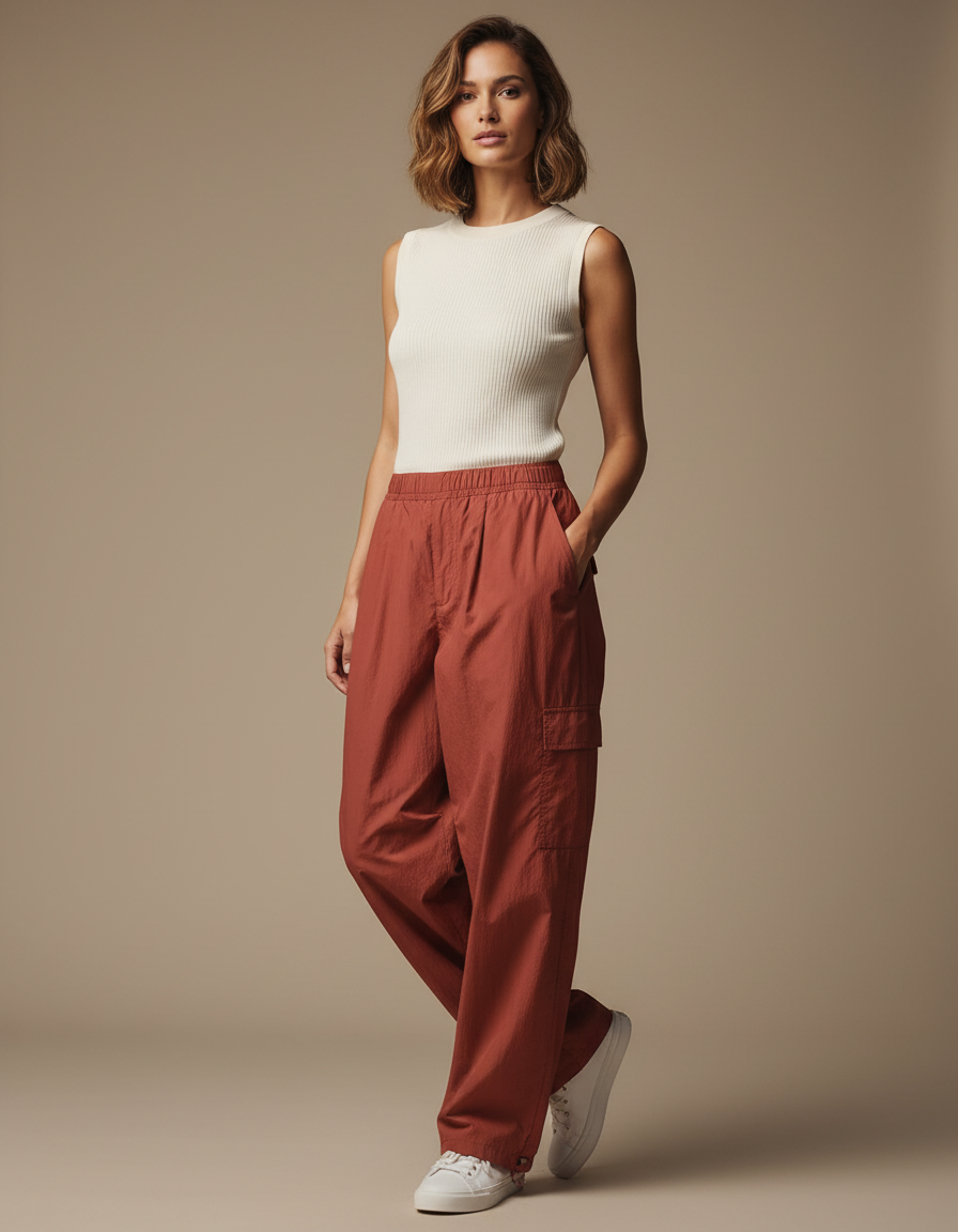 Pantalon Parachute Cargo Ample Fluide Marron Femme - Polyester