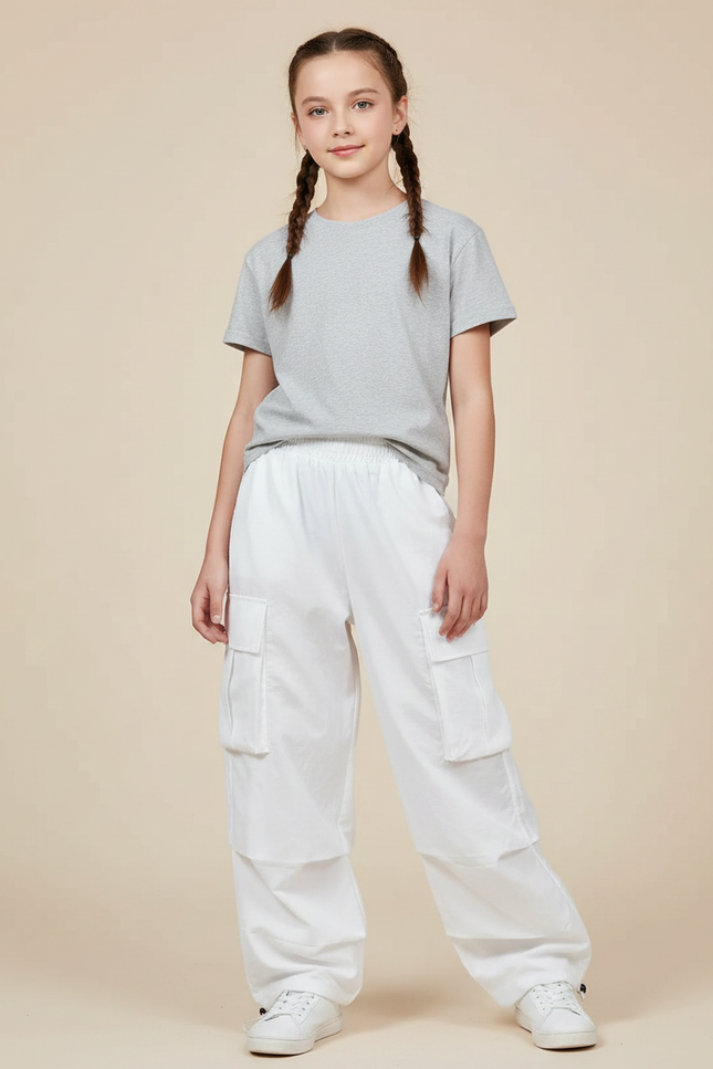 Pantalon Parachute Blanc Cargo Ample Enfant - Polyester