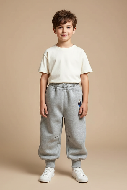 Pantalon Parachute Gris Ample Molleton Enfant Brodé
