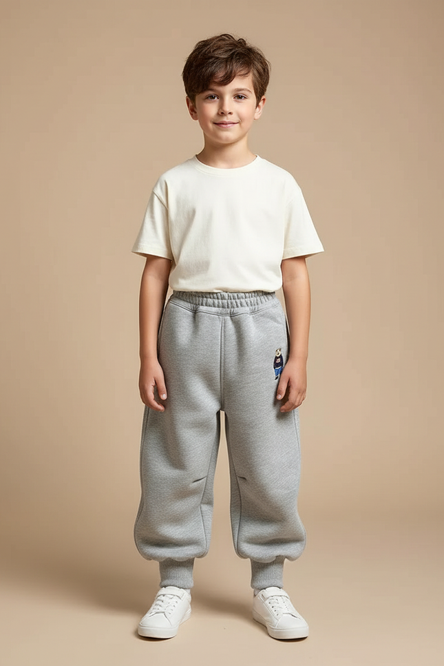 Pantalon Parachute Gris Ample Molleton Enfant Brodé