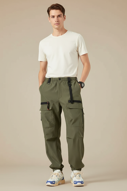 Pantalon Parachute Kaki Cargo Techwear Multi-poches Homme - Polyester
