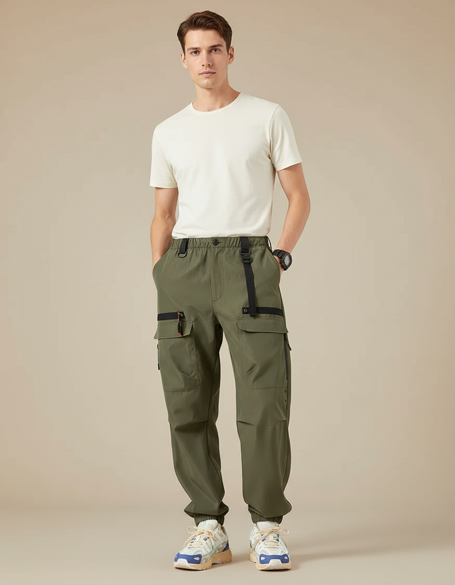 Pantalon Parachute Kaki Cargo Techwear Multi-poches Homme - Polyester