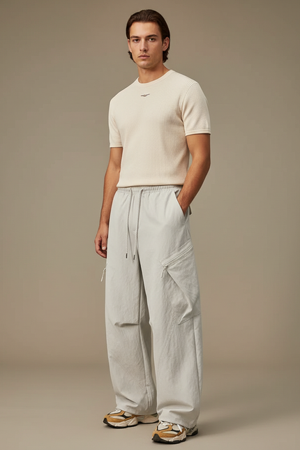 Pantalon Parachute Gris Clair Ample Cargo Décontracté Cordon - Polyester