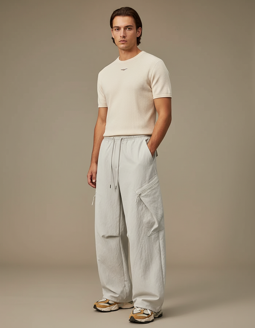 Pantalon Parachute Gris Clair Ample Cargo Décontracté Cordon - Polyester