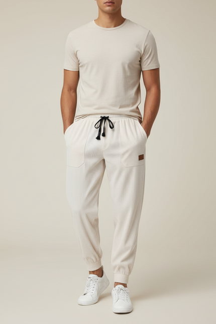 Pantalon Parachute Côtelé Écru Ample Homme Décontracté - Beige Cordé