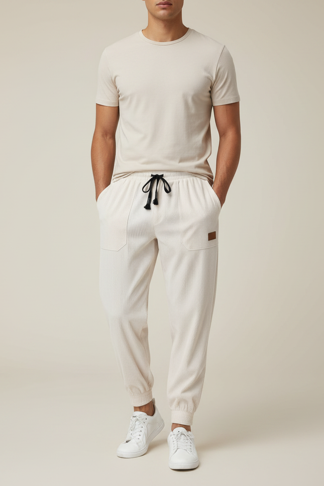 Pantalon Parachute Côtelé Écru Ample Homme Décontracté - Beige Cordé