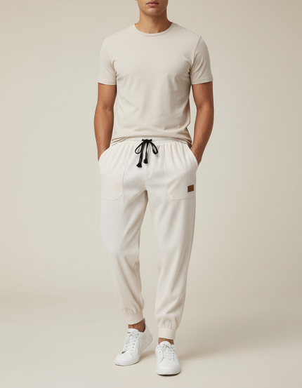 Pantalon Parachute Côtelé Écru Ample Homme Décontracté - Beige Cordé