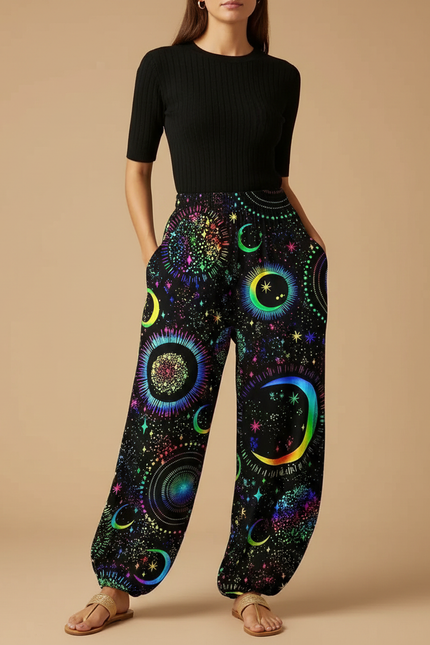 Pantalon Parachute Noir Fluide Astral Imprimé Femme - Multicolore Viscose