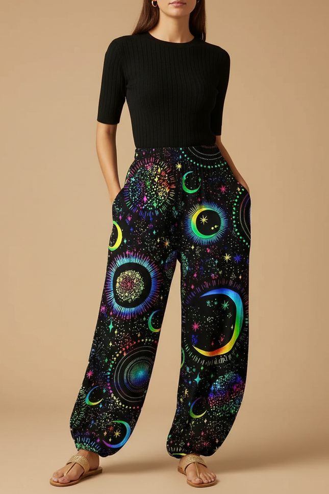 Pantalon Parachute Noir Fluide Astral Imprimé Femme - Multicolore Viscose