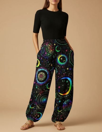 Pantalon Parachute Noir Fluide Astral Imprimé Femme - Multicolore Viscose
