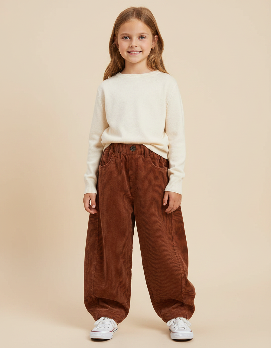 Pantalon Parachute Côtelé Marron Ample Enfant Doux - Cordé