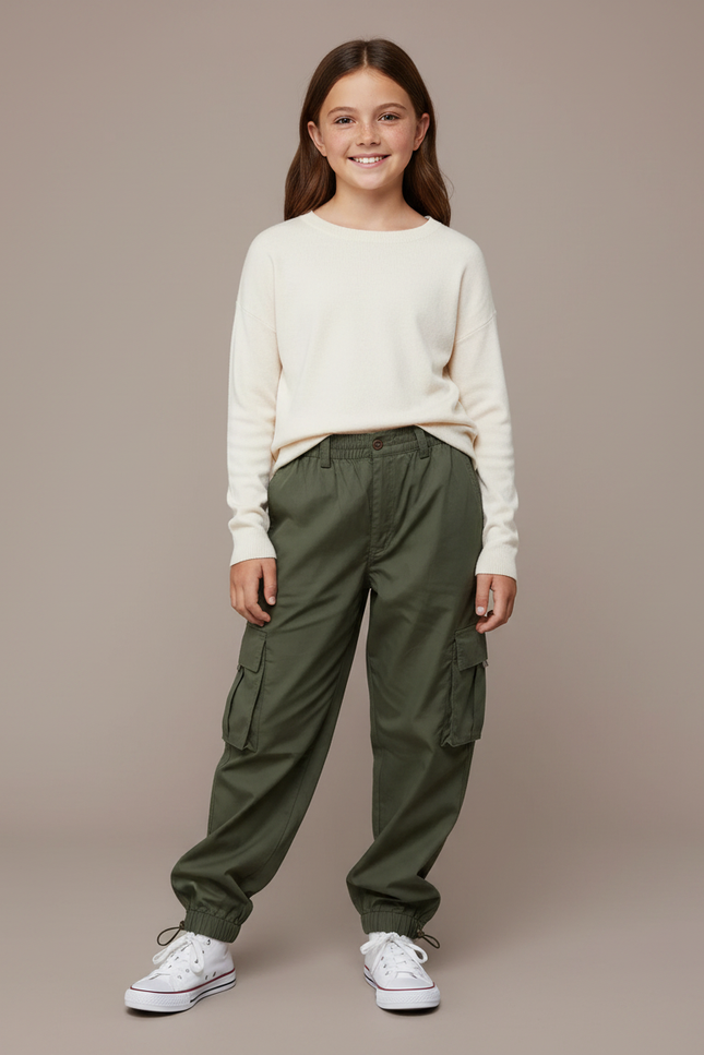 Pantalon Parachute Kaki Cargo Ample Multipoches Enfant - Toile