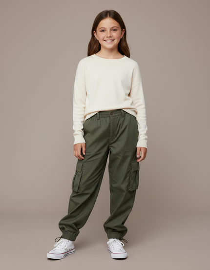 Pantalon Parachute Kaki Cargo Ample Multipoches Enfant - Toile
