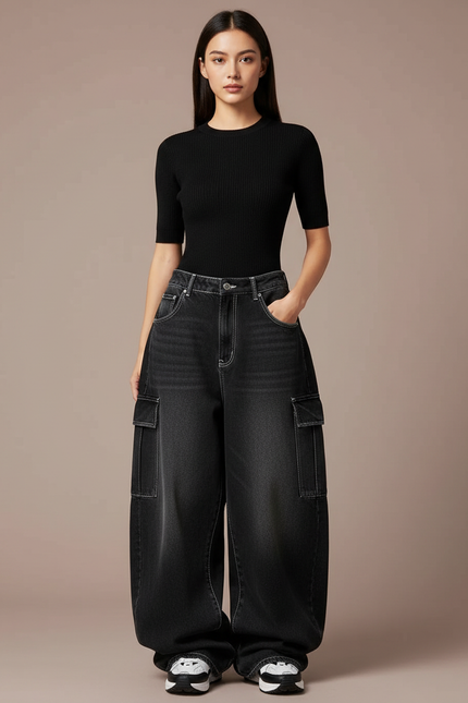 Pantalon Parachute Noir Cargo Ample Femme Streetwear Y2K - Jean