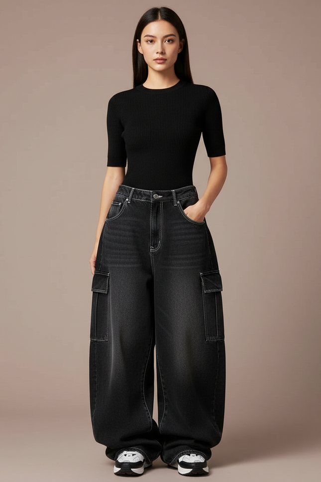 Pantalon Parachute Noir Cargo Ample Femme Streetwear Y2K - Jean