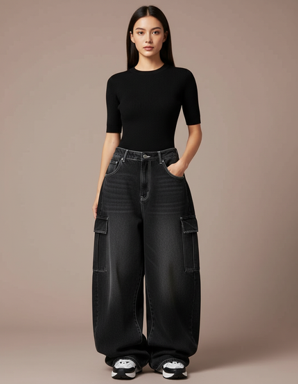 Pantalon Parachute Noir Cargo Ample Femme Streetwear Y2K - Jean