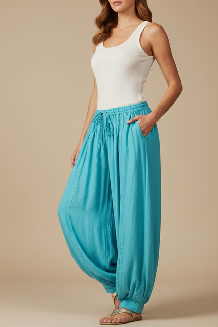 Pantalon Parachute Turquoise Ample Fluide Cordon Femme - Bleu Coton