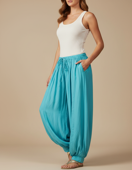 Pantalon Parachute Turquoise Ample Fluide Cordon Femme - Bleu Coton