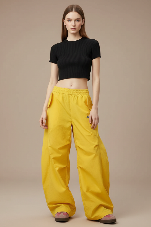 Pantalon Parachute Jaune Ample Fluide Décontracté - Polyester