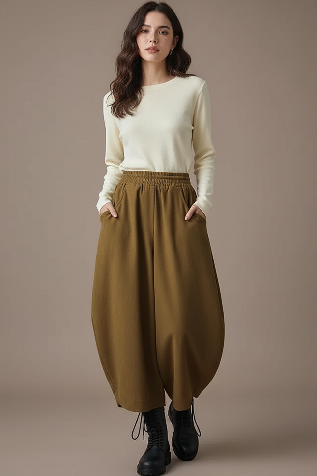 Pantalon Parachute Marron Coton Ample Décontracté Femme - Kaki