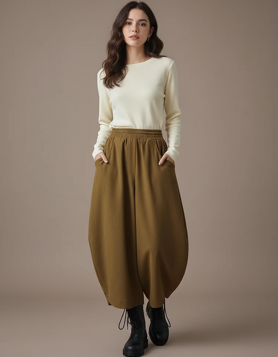 Pantalon Parachute Marron Coton Ample Décontracté Femme - Kaki