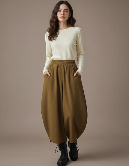 Pantalon Parachute Marron Coton Ample Décontracté Femme - Kaki