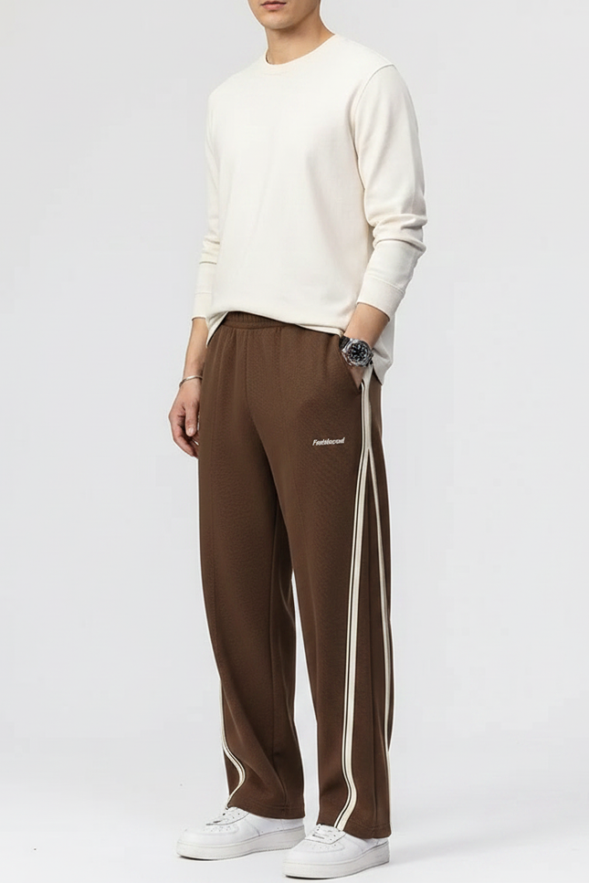 Pantalon Parachute Marron Rayé Ample Décontracté Homme - Molleton