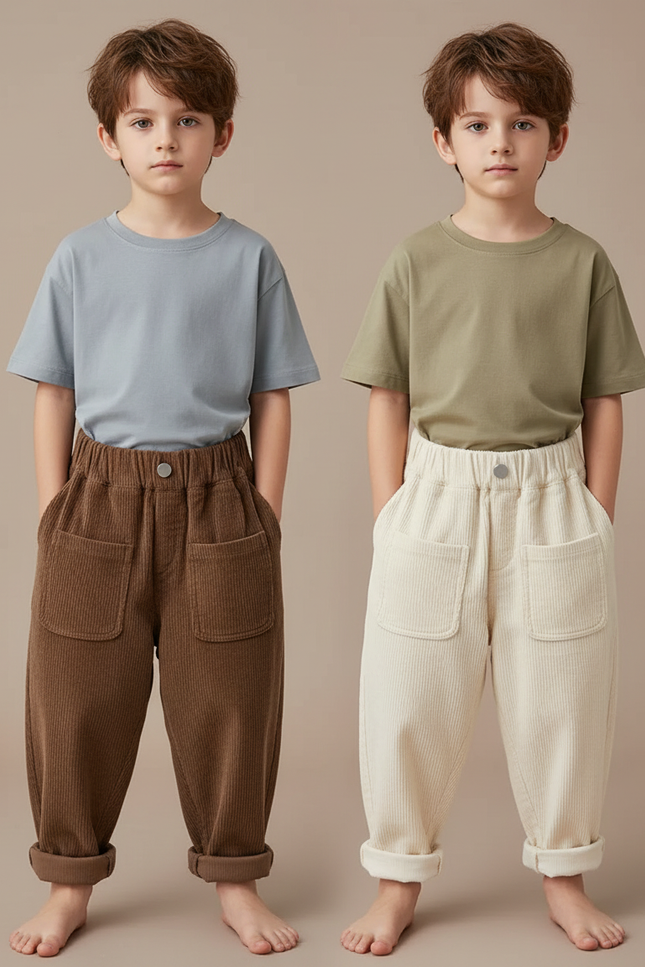 Pantalon Parachute Côtelé Ample Décontracté Enfant - Marron Cordé