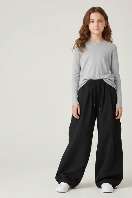 Pantalon Parachute Noir Ample Cargo Urbain Fille - Polyester