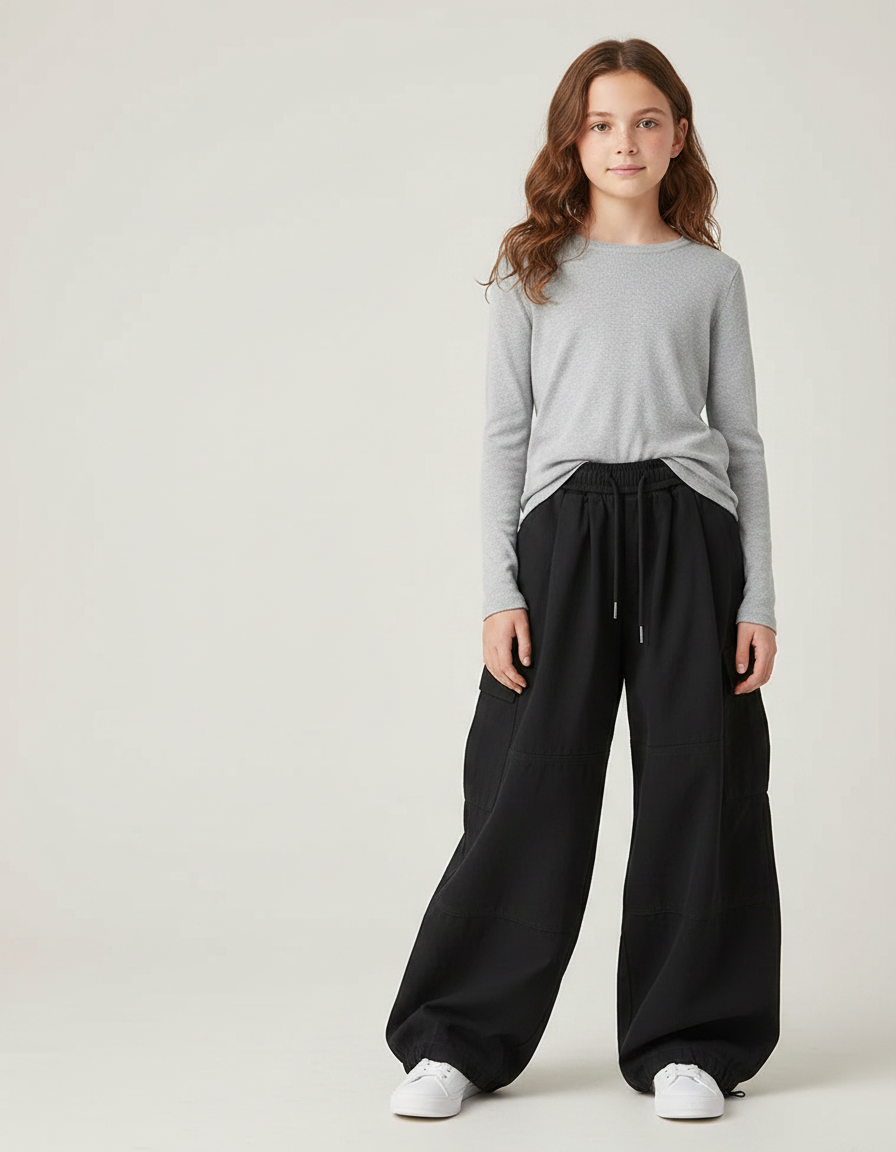Pantalon Parachute Noir Ample Cargo Urbain Fille - Polyester