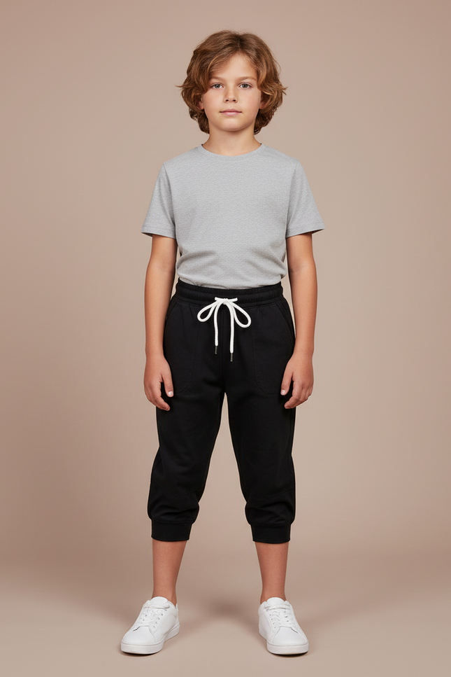 Pantalon Parachute Noir Uni Cordon Décontracté Enfant - Molleton