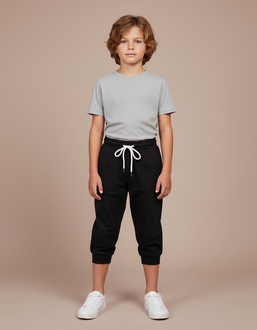 Pantalon Parachute Noir Uni Cordon Décontracté Enfant - Molleton