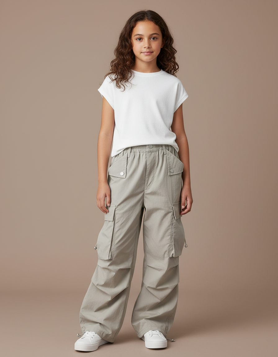 Pantalon Parachute Gris Ample Cargo Enfant Décontracté - Polyester
