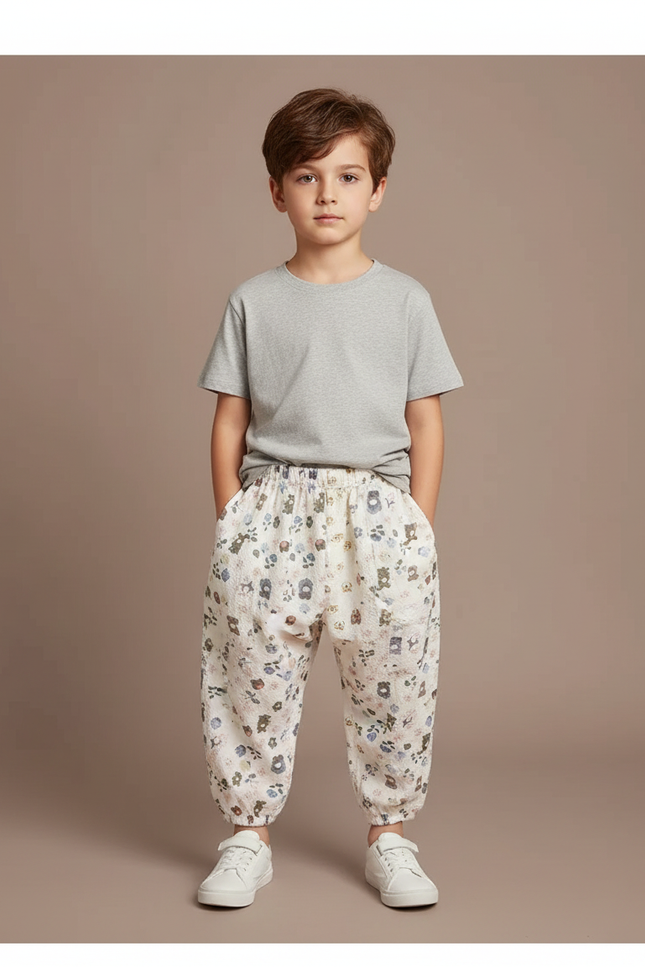 Pantalon Parachute Crème Ample Imprimé Fleuri Coton Enfant - Beige